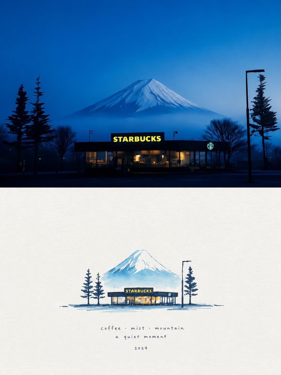 Starbucks café beneath Mount Fuji at blue hour, paired with a small Japanese watercolor travel print on ivory paper