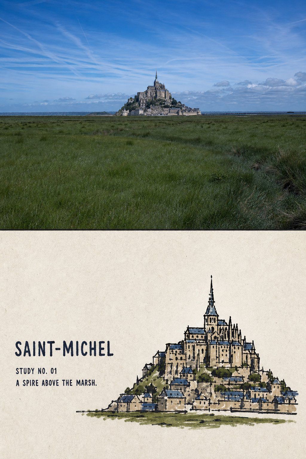 Travel poster pairing a Mont Saint-Michel photograph with a folk ink-line colored landmark miniature