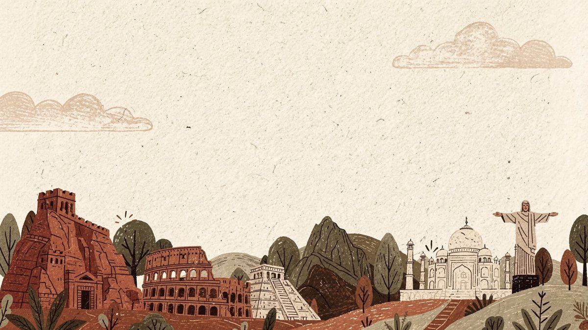 Handcrafted travel illustration of world landmarks and olive mountains on textured ivory paper