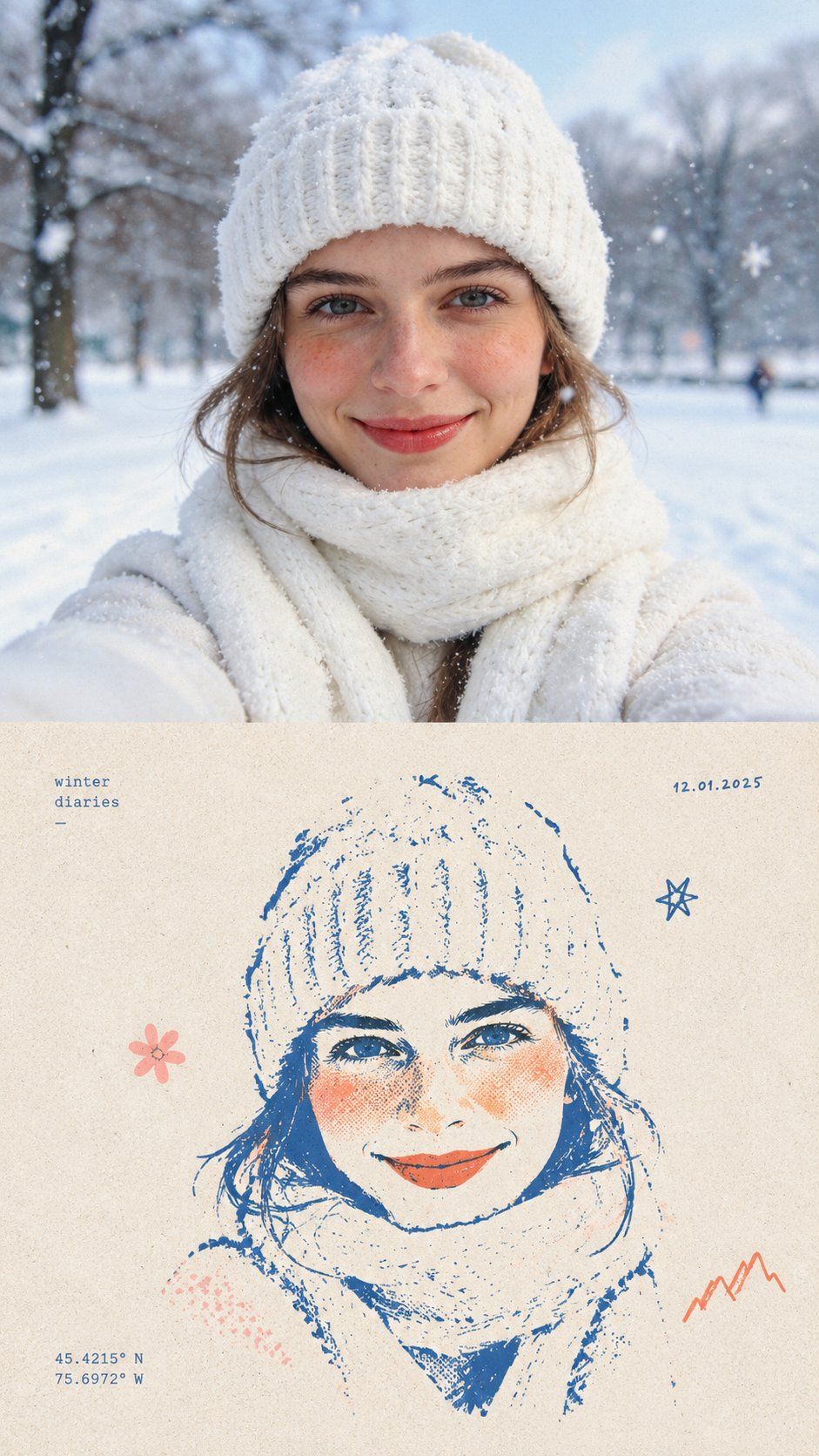 Winter portrait of a woman in a white knit hat above a blue and coral RISO illustration on cream paper