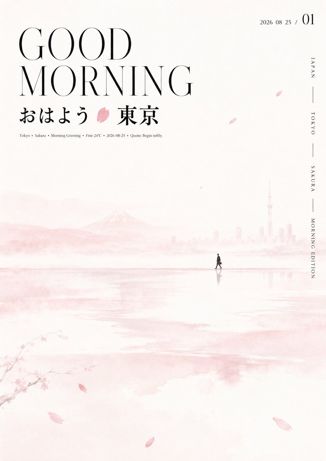 Pale pink Good Morning Tokyo poster with cherry blossoms, a distant skyline, and a lone figure reflected on water