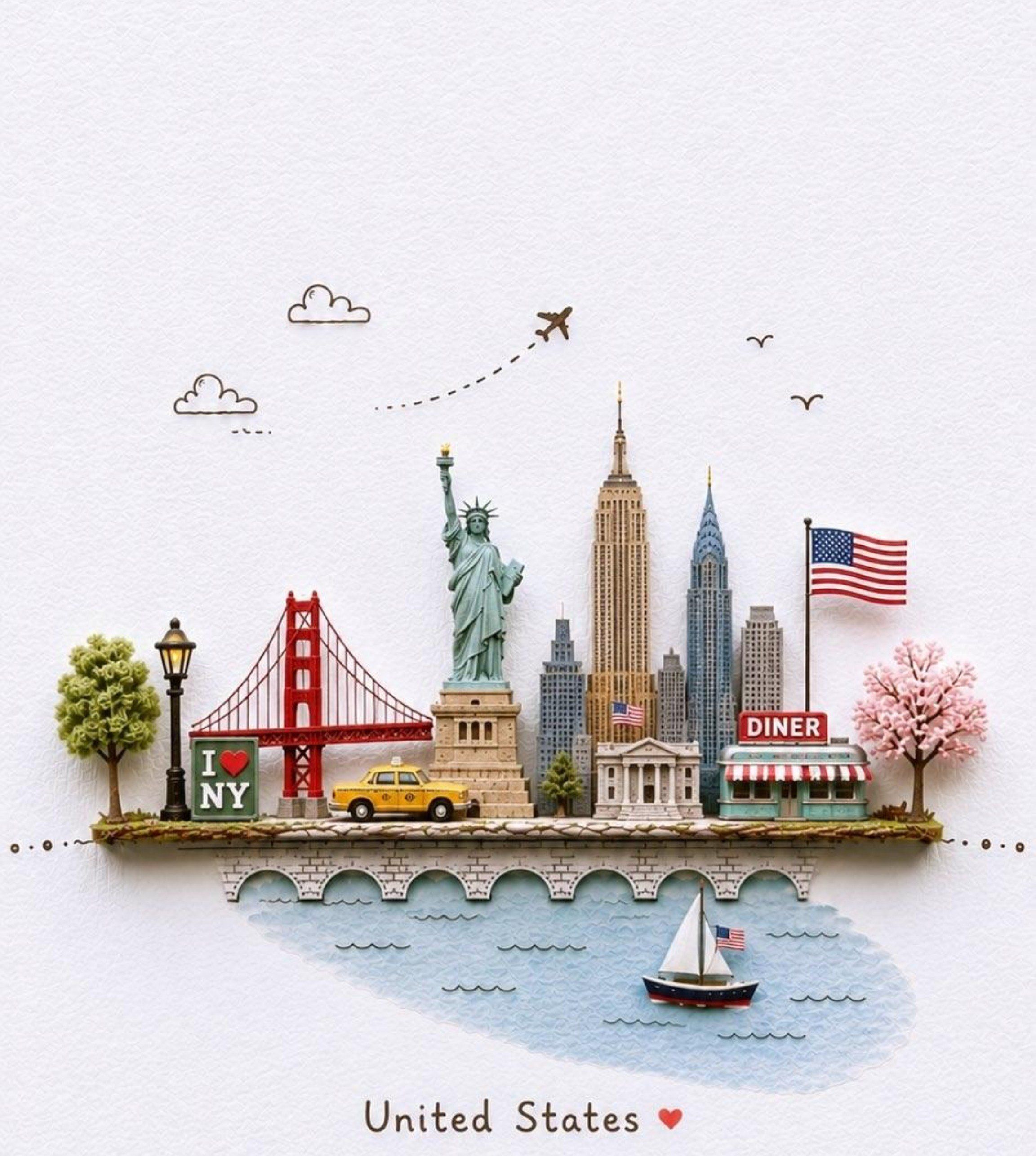 Handcrafted United States city diorama with the Statue of Liberty, Golden Gate Bridge, New York skyscrapers, a diner and a sailboat