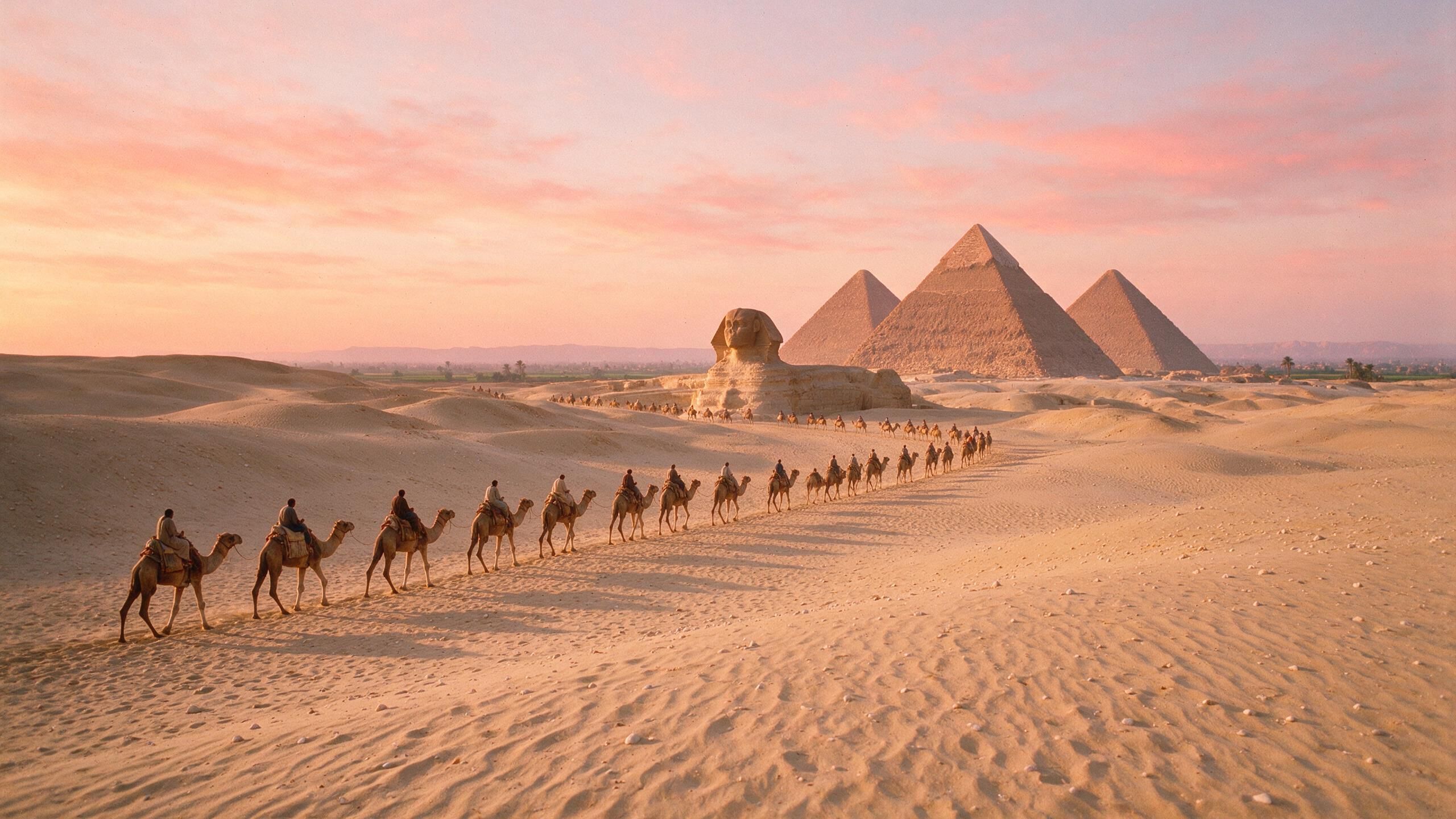 Camel caravan crossing the Giza desert toward the Sphinx and pyramids in a soft pink morning glow