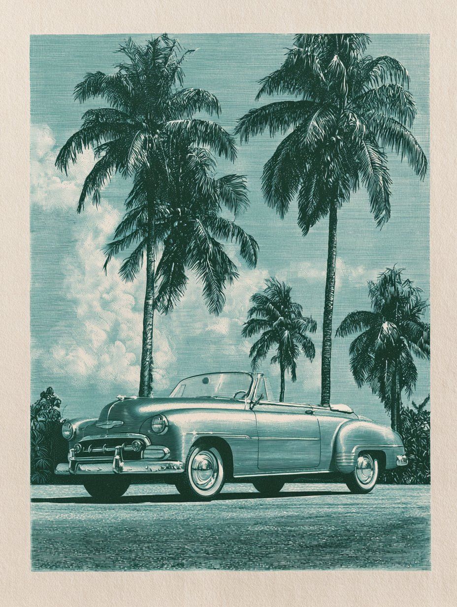 Teal burin engraving of a vintage convertible parked beneath tall palm trees
