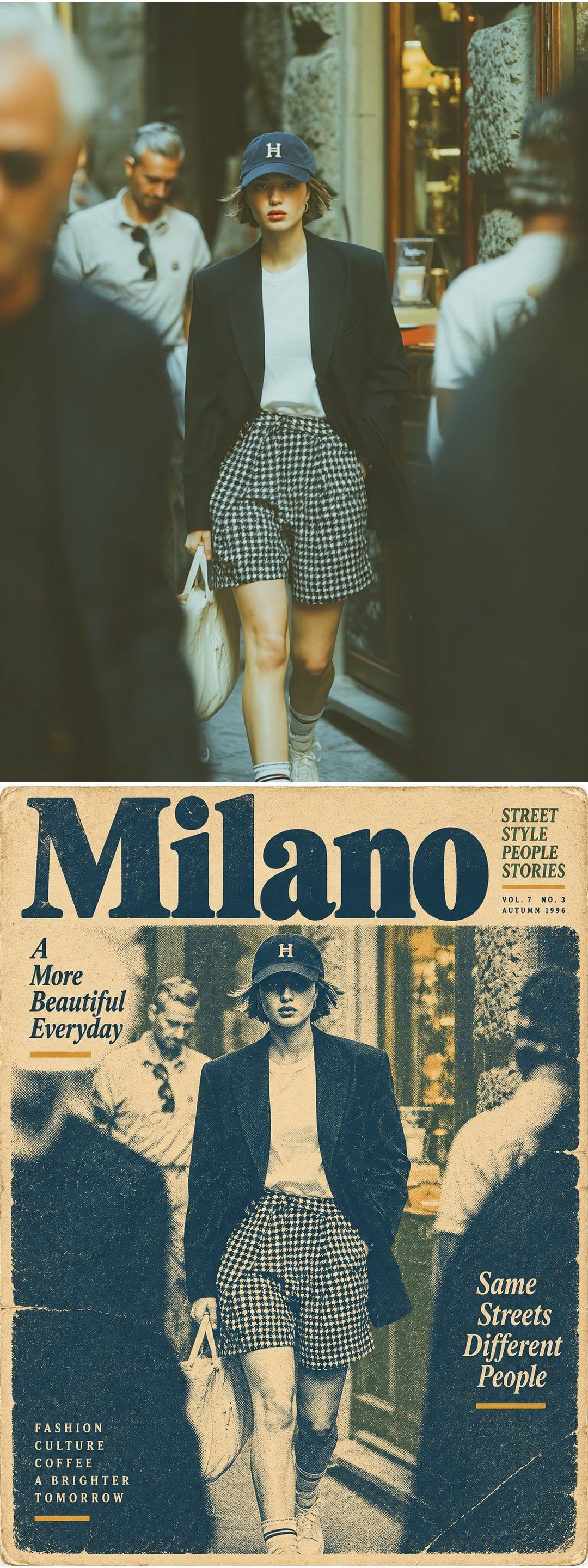 Street fashion photograph above a navy and cream Milano magazine-cover illustration