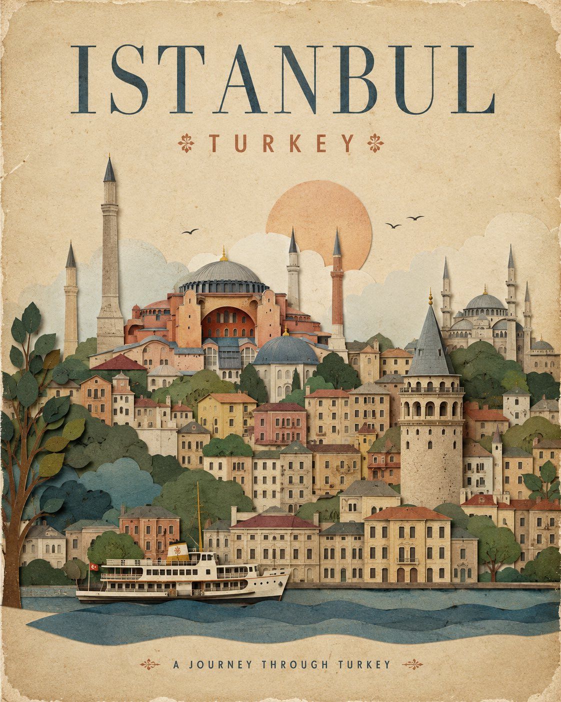 Vintage handmade paper collage travel poster of Istanbul with Hagia Sophia, minarets, Galata Tower, and a Bosphorus ferry