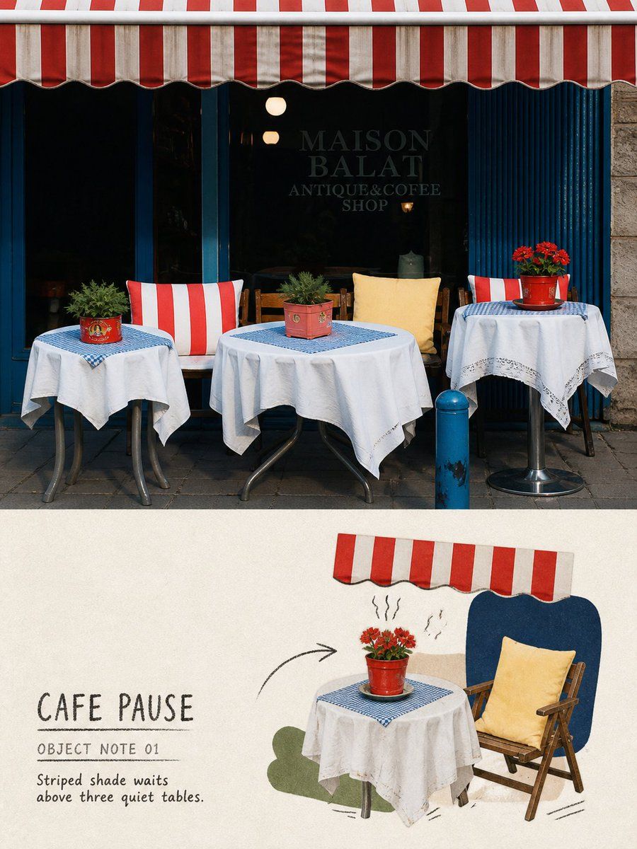 Split travel-object poster pairing a photograph of three café tables with a distilled tabletop collage and handwritten object note
