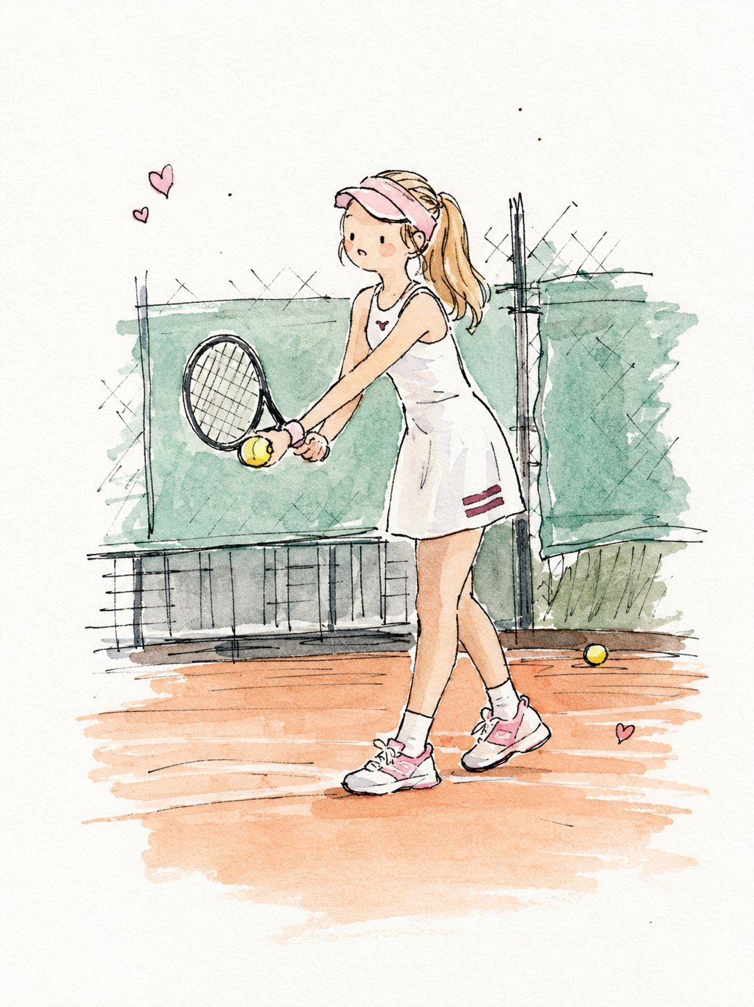 Minimal watercolor-and-ink doodle of a young tennis player returning a ball