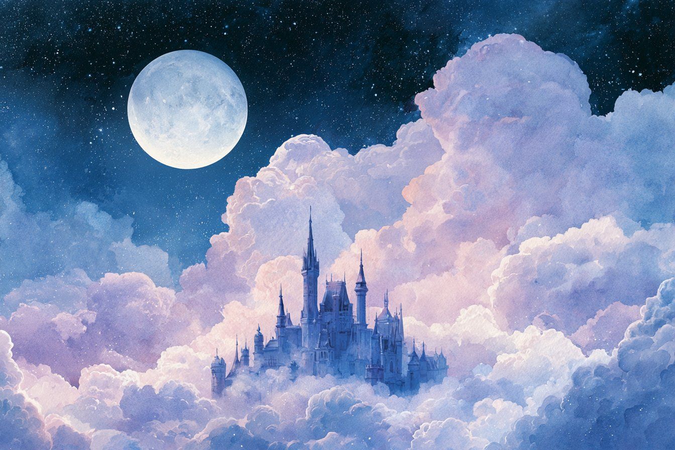 Moonlit watercolor castle rising from lavender clouds beneath a starry blue sky