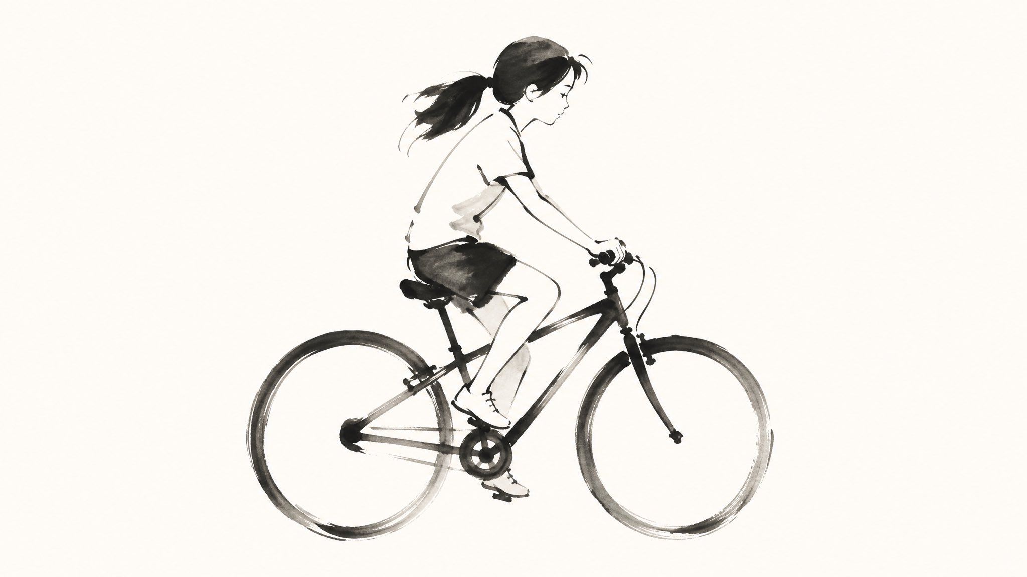 Minimal black-ink illustration of a ponytailed girl riding a bicycle on a warm-white background