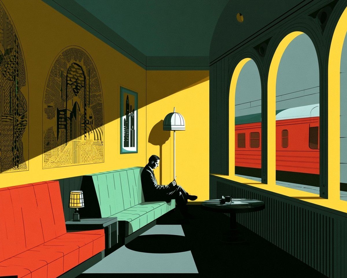 Modernist geometric train station lounge with bold yellow, red, teal, and black shapes