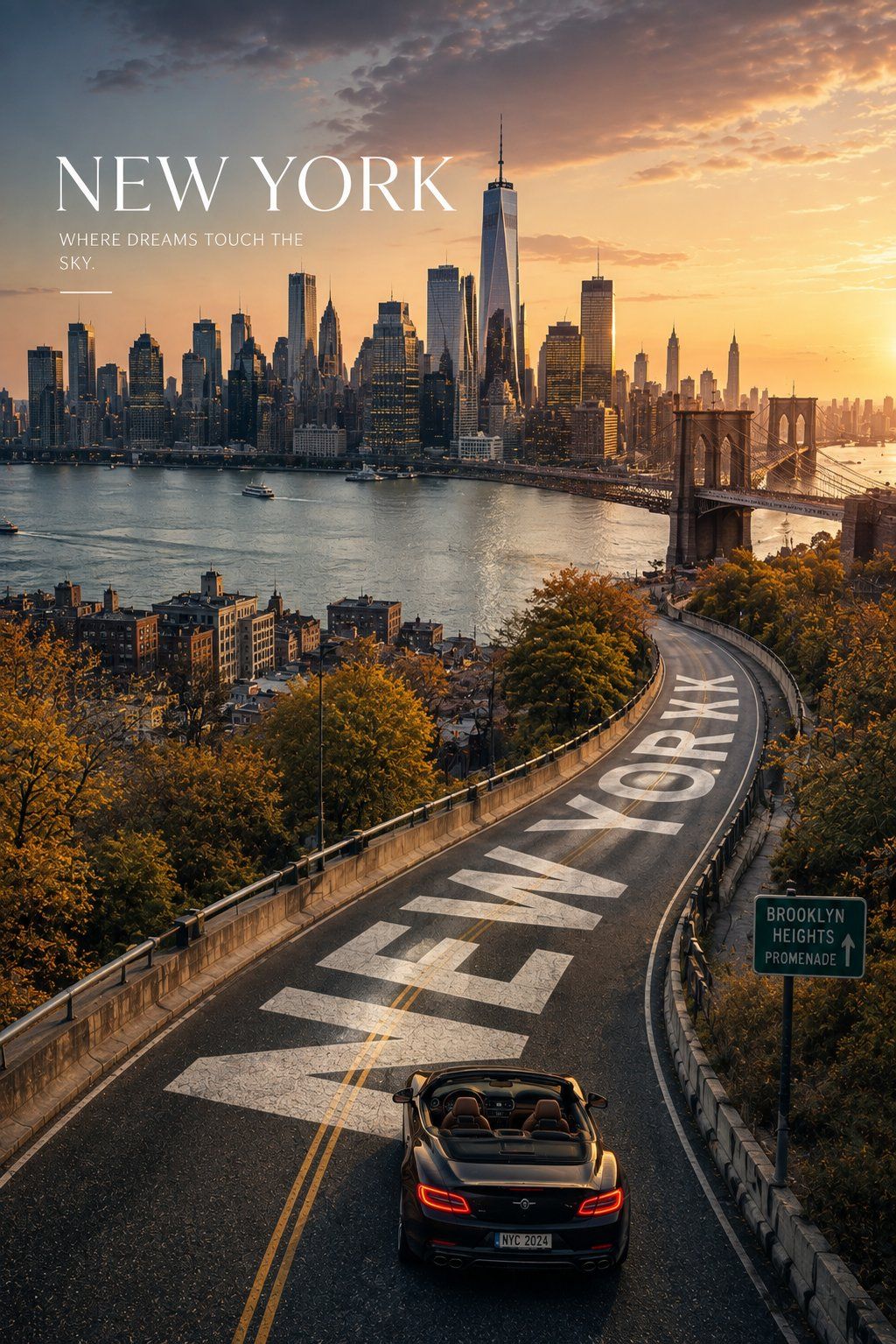 New York tourism poster with skyline, Brooklyn Bridge, convertible, and sweeping road typography