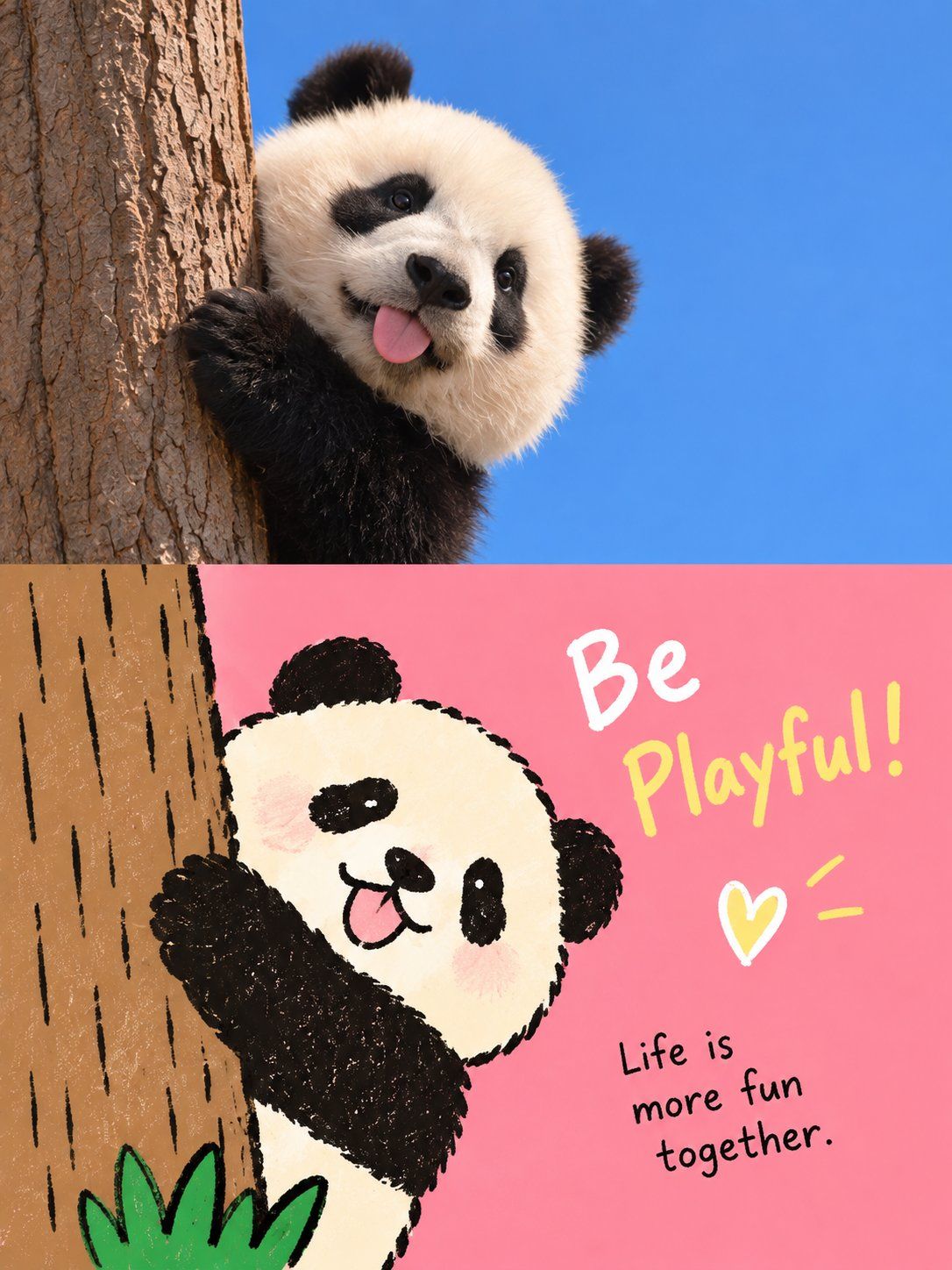Panda peeking around a tree, paired with a pink hand-drawn illustration titled Be Playful