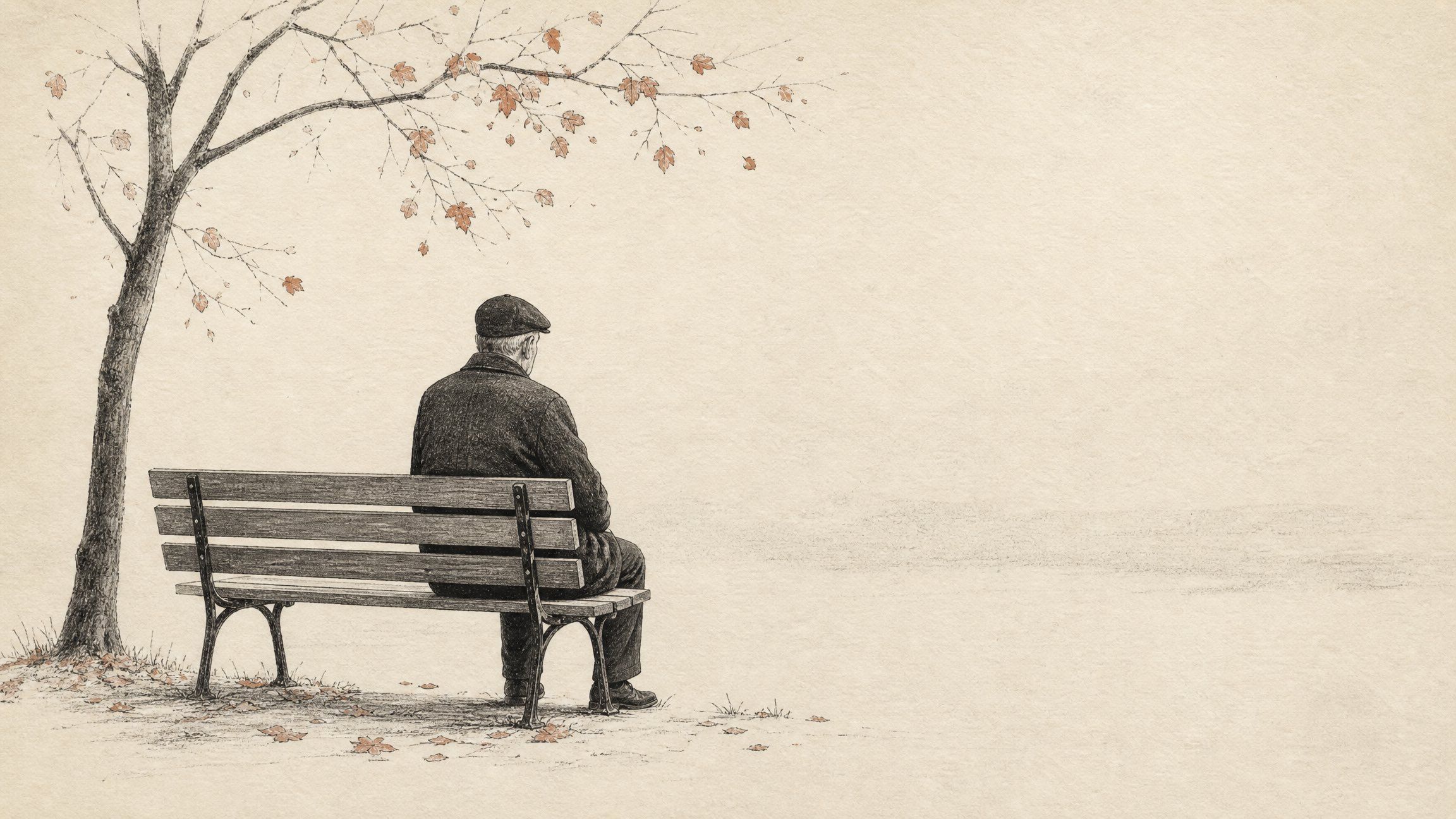 Minimal ink and graphite illustration of an older man seated on a bench beneath a sparse autumn tree