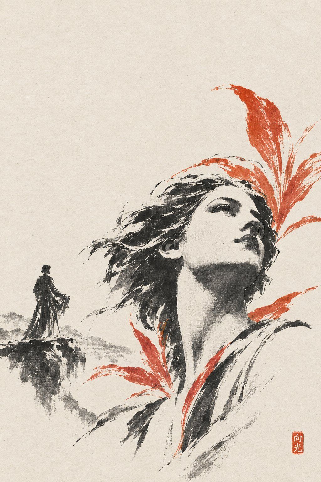 Expressive black-ink portrait with windswept hair, vermilion foliage, and a small robed figure on off-white paper