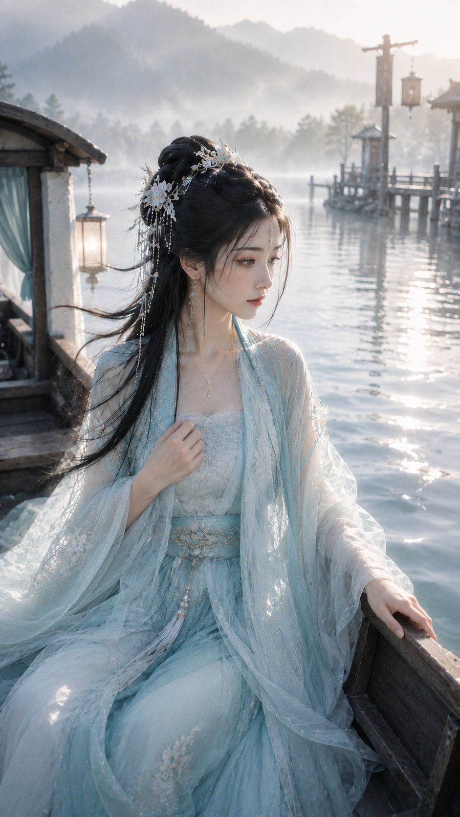 Young xianxia traveler in a pale aqua gauze gown seated beside a misty ferry landing