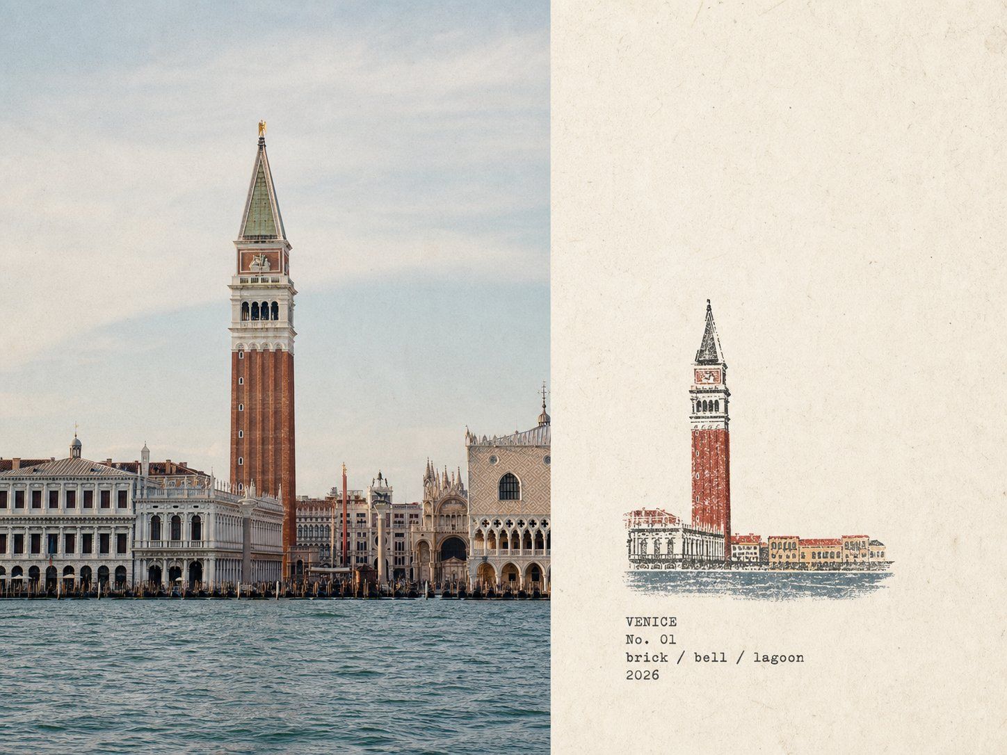 Venice travel field-notes poster pairing a photograph of St Mark's Campanile with a small multicolor rubber-stamp impression on aged paper