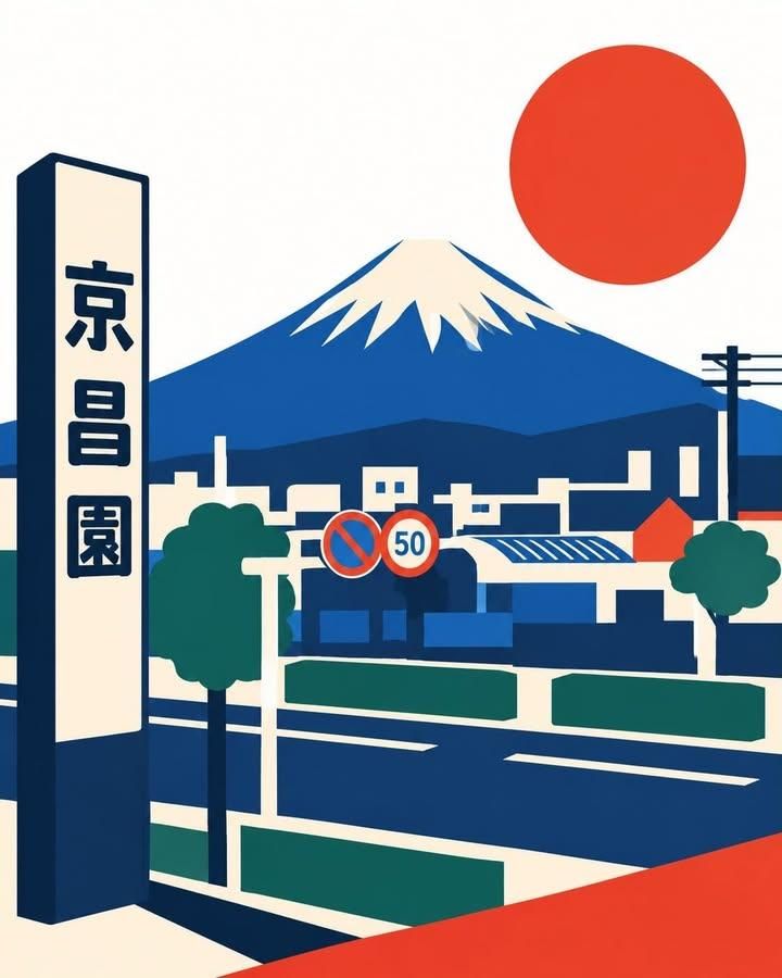 Geometric Japanese street scene beneath Mount Fuji and an oversized red sun, in navy, blue, green, and cream