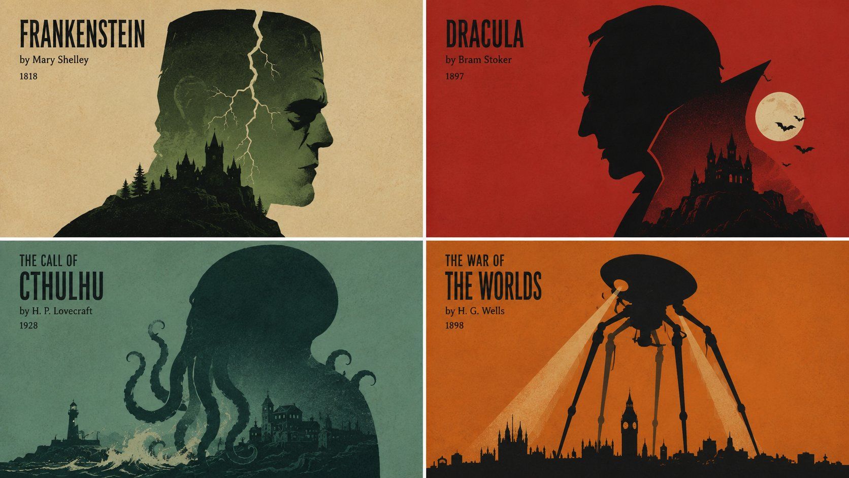 Four minimalist screen-print book posters for Frankenstein, Dracula, The Call of Cthulhu, and The War of the Worlds