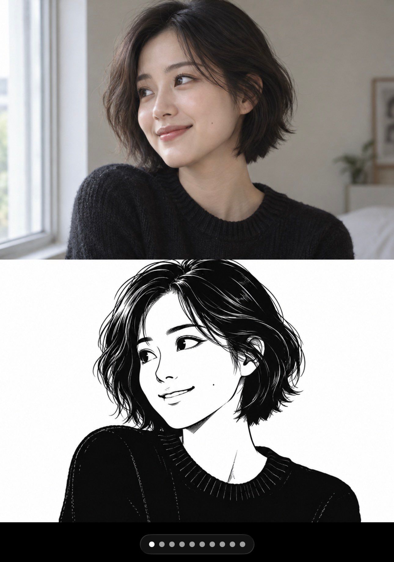 Photograph of a short-haired woman above her black-and-white vintage animation ink portrait