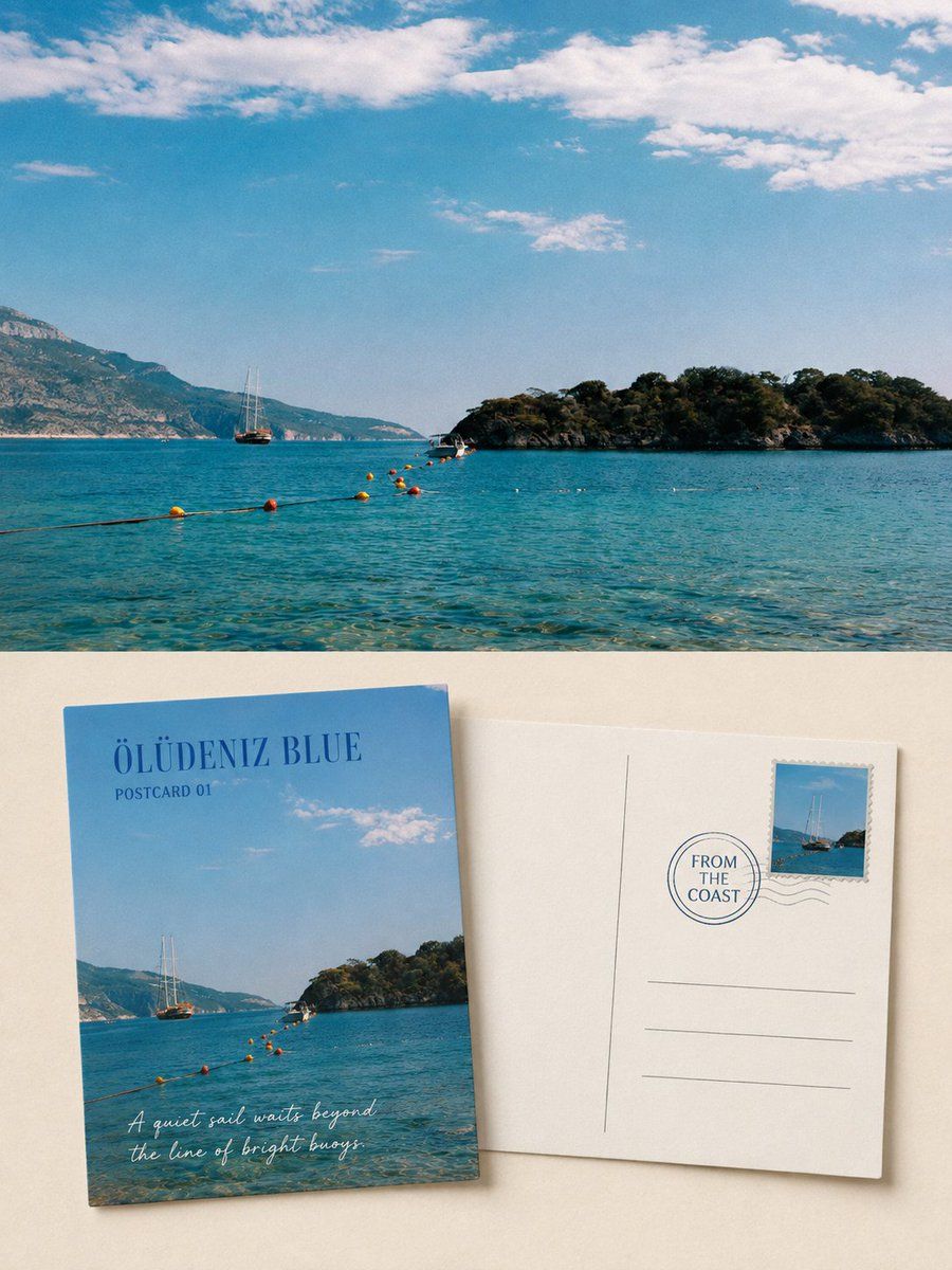 Turquoise coast photograph above a pair of postcard fronts and backs titled Ölüdeniz Blue