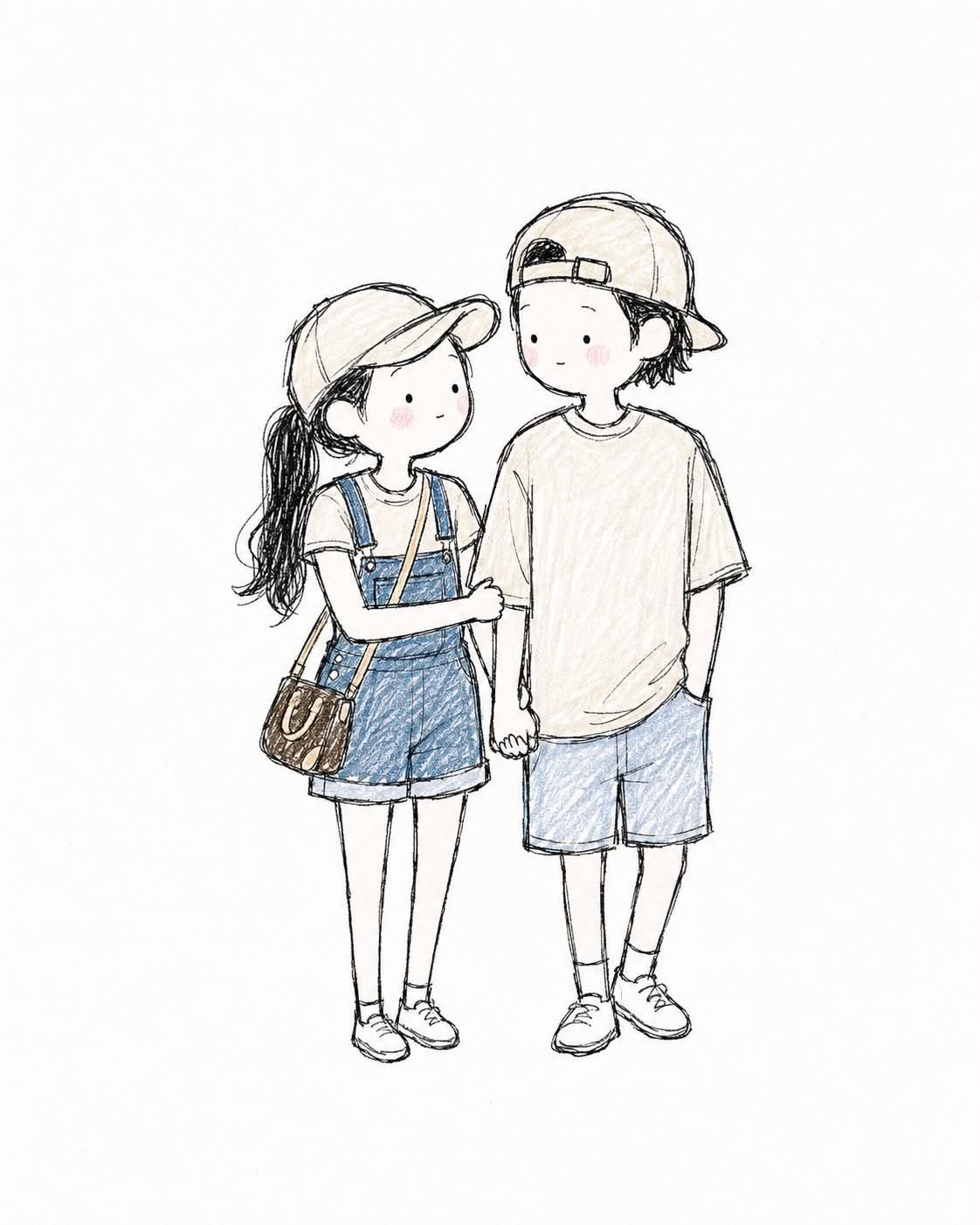 Whimsical colored-pencil storybook illustration of a young couple in caps standing arm in arm