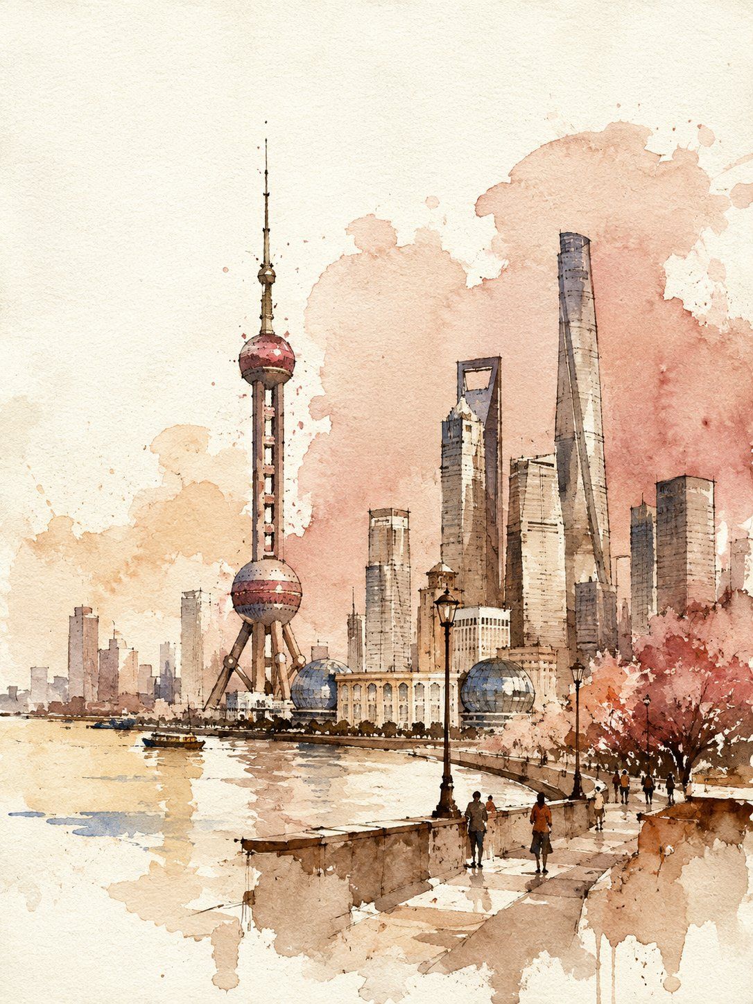 Watercolor and ink travel poster of Shanghai with the Oriental Pearl Tower, Shanghai Tower, waterfront promenade, and pink washes