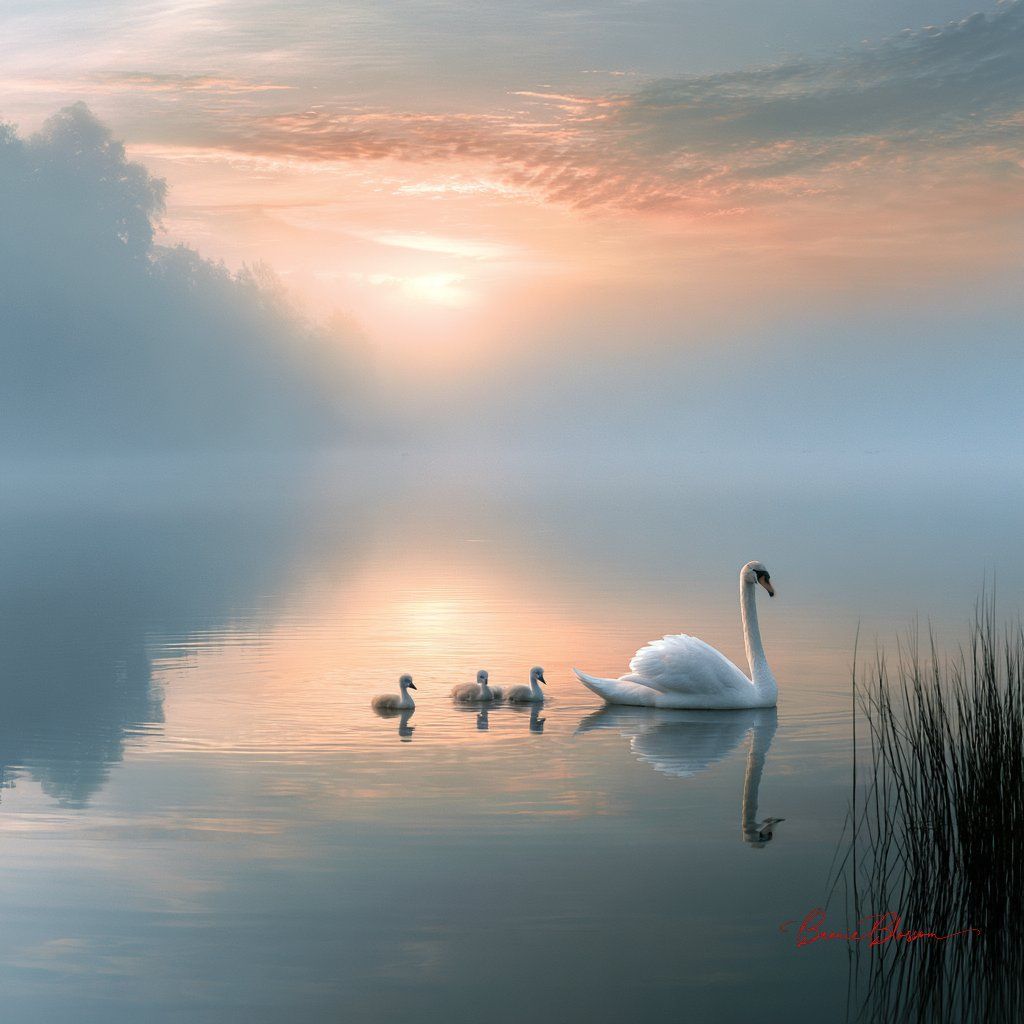 White swan and cygnets gliding across a misty lake beneath a blue and orange summer dawn