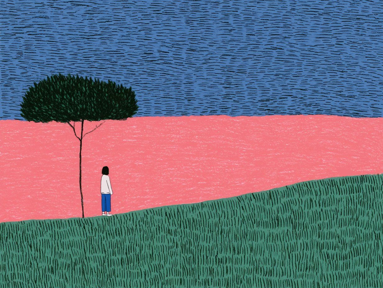 Crayon landscape with a small figure under a lone tree across pink, green, and blue fields