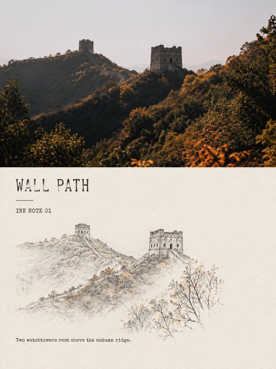 Autumn Great Wall photograph above a sparse ink sketch of two watchtowers titled Wall Path