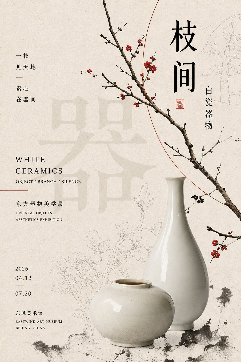 Warm ivory editorial poster with white ceramic vessels, flowering branches, oversized Chinese typography, and restrained red accents