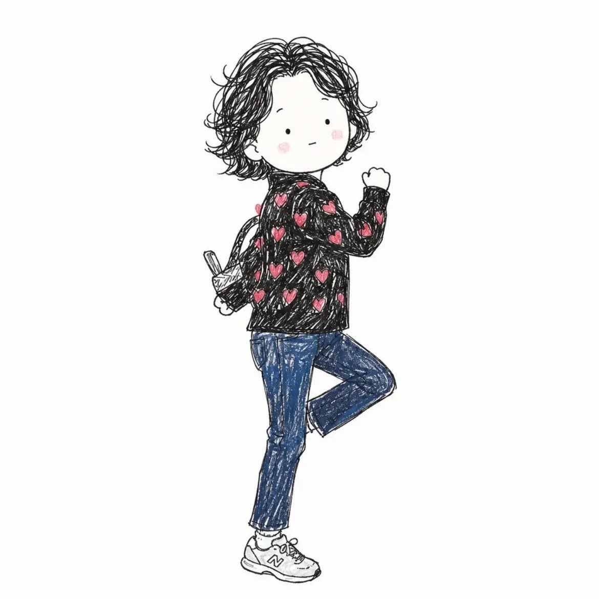 Cute hand-drawn doodle character in a black heart-pattern sweater and blue jeans posing on one leg