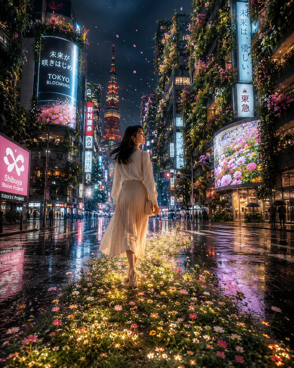 Young woman walking through a rain-soaked Tokyo street that blooms into a glowing trail of wildflowers