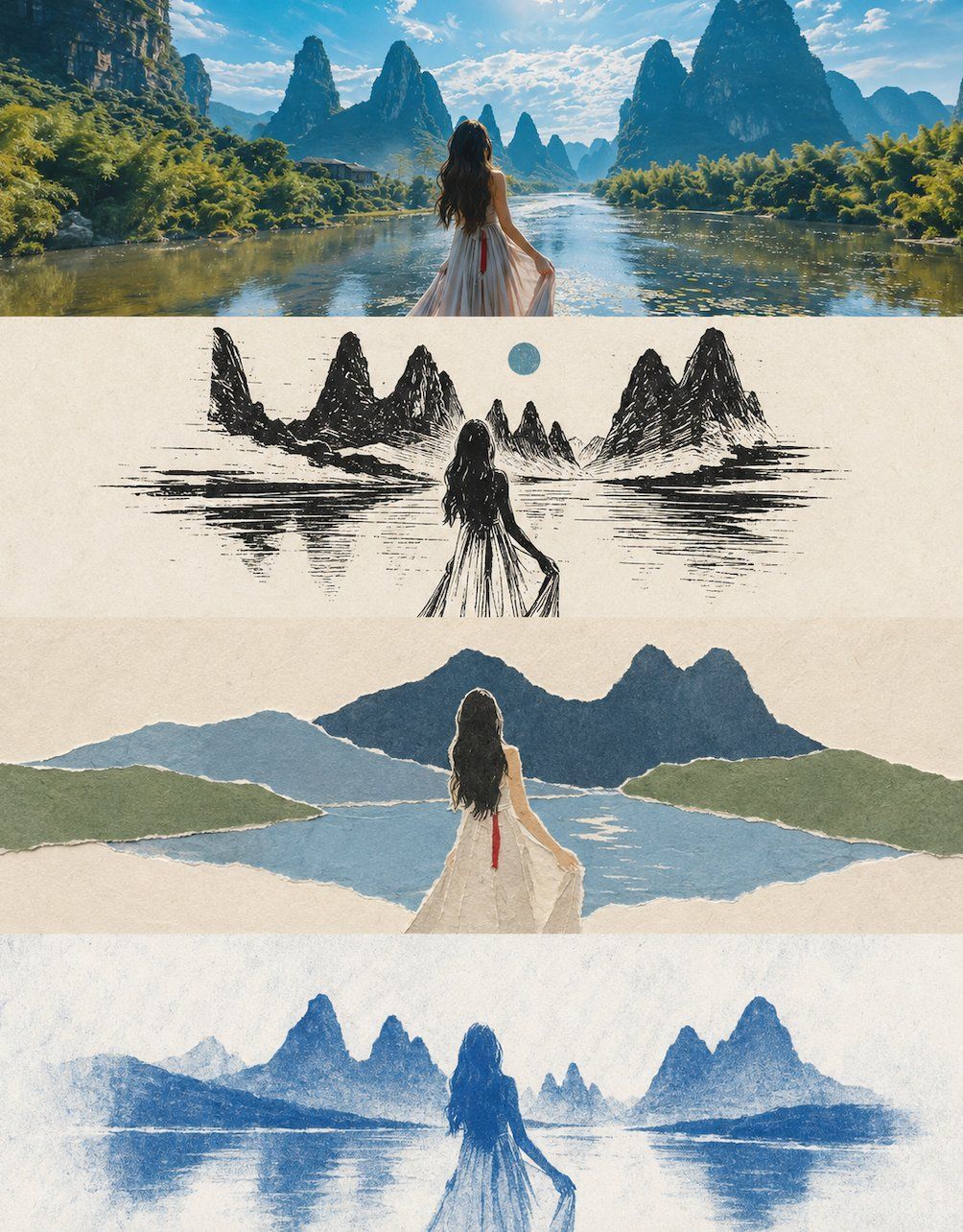 Four-layer vertical poster showing a woman in a karst lake as a photo, woodcut, torn-paper collage, and cyanotype