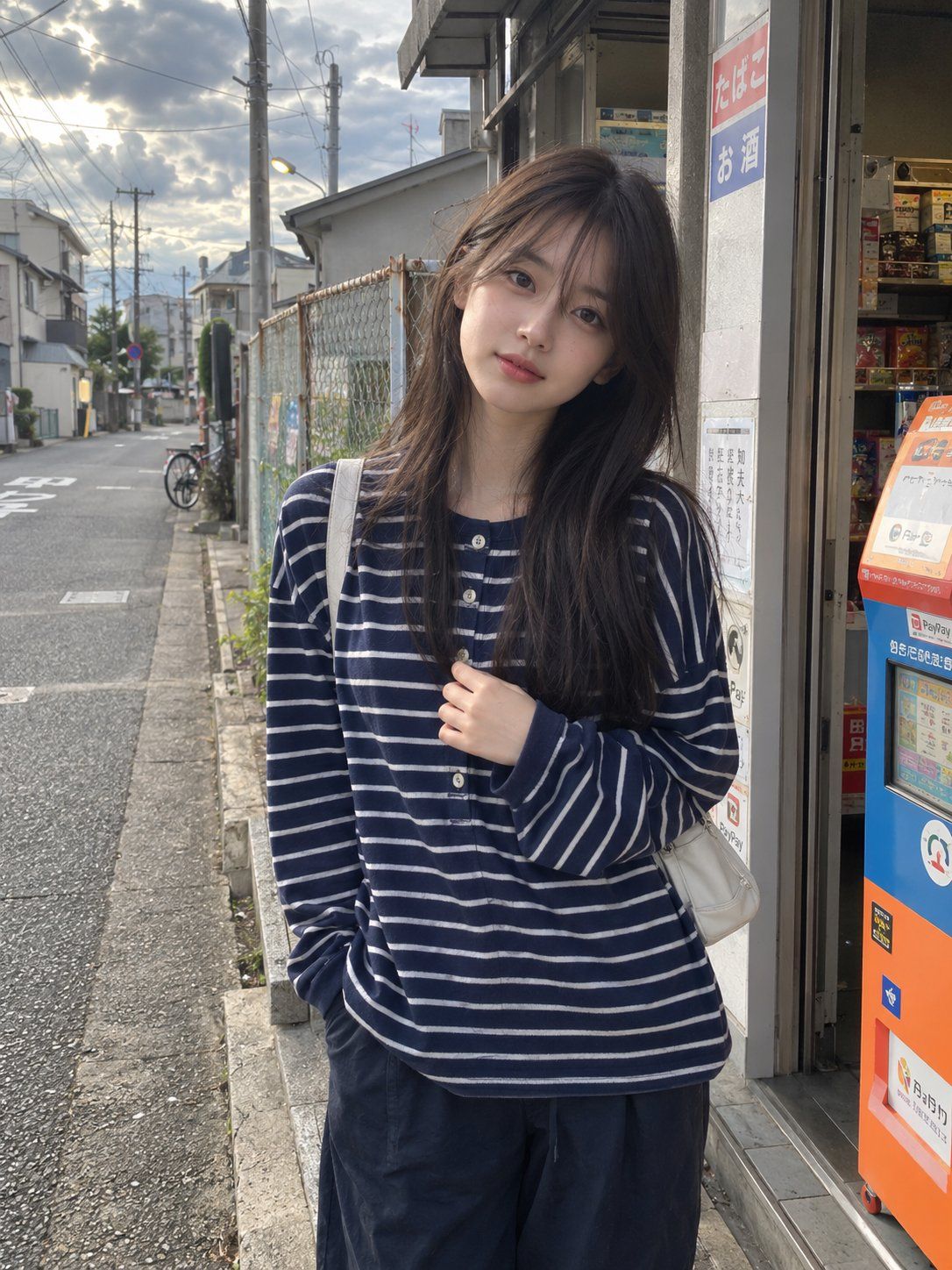 Reference photograph of a woman in a navy striped shirt beside a Japanese street shop