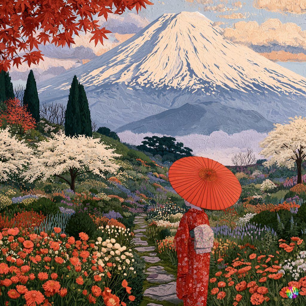 Geisha beneath a red parasol in a flower garden with Mount Fuji beyond