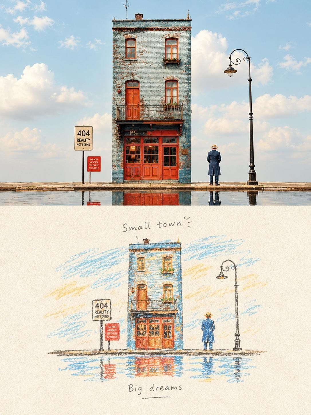 Narrow blue-brick building and a man beside a streetlamp, paired with a colored-pencil sketch titled Small town, Big dreams