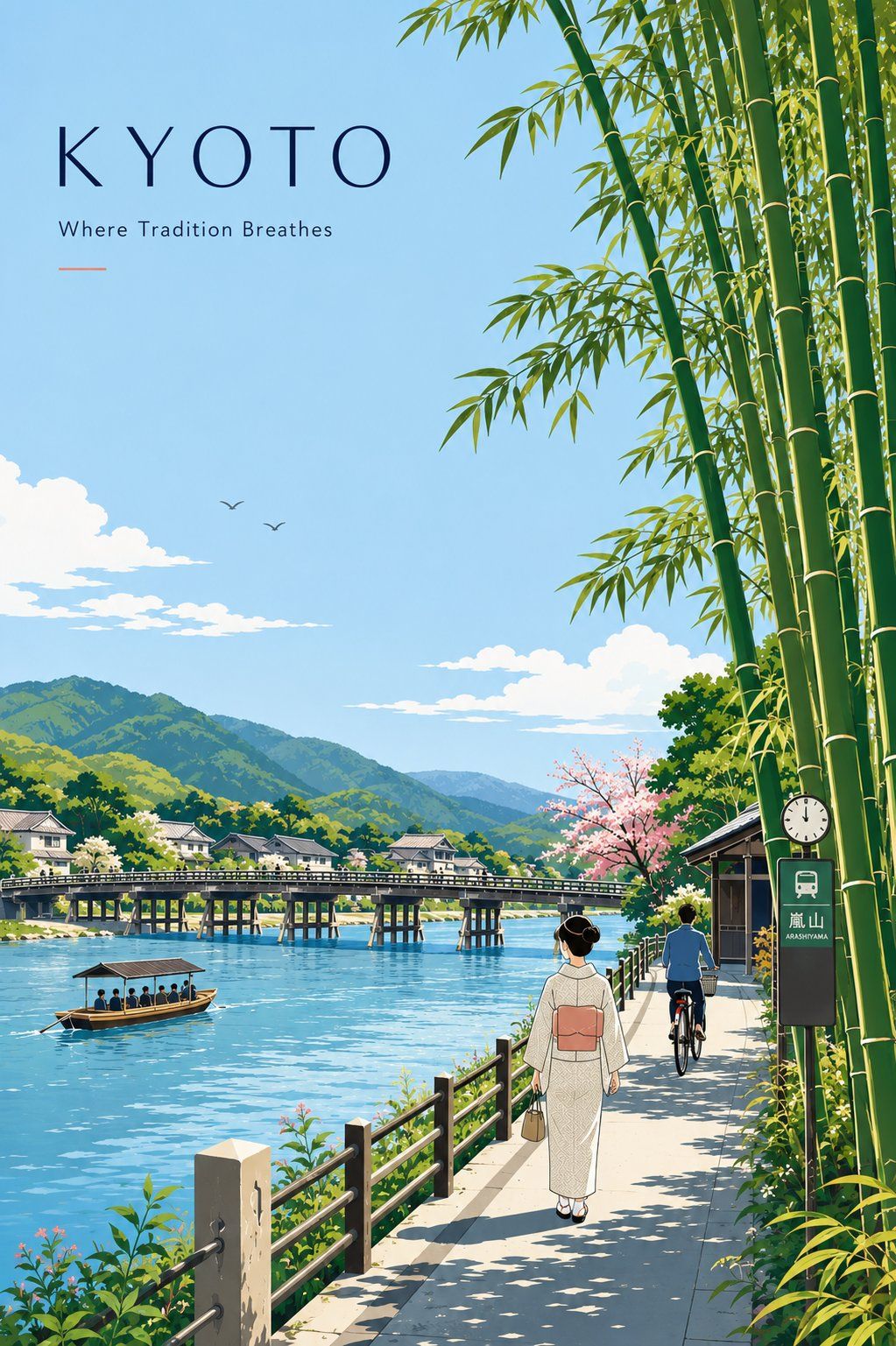 Minimalist Kyoto travel poster with bamboo, the Togetsukyo Bridge, a riverboat, a cyclist and a woman in kimono