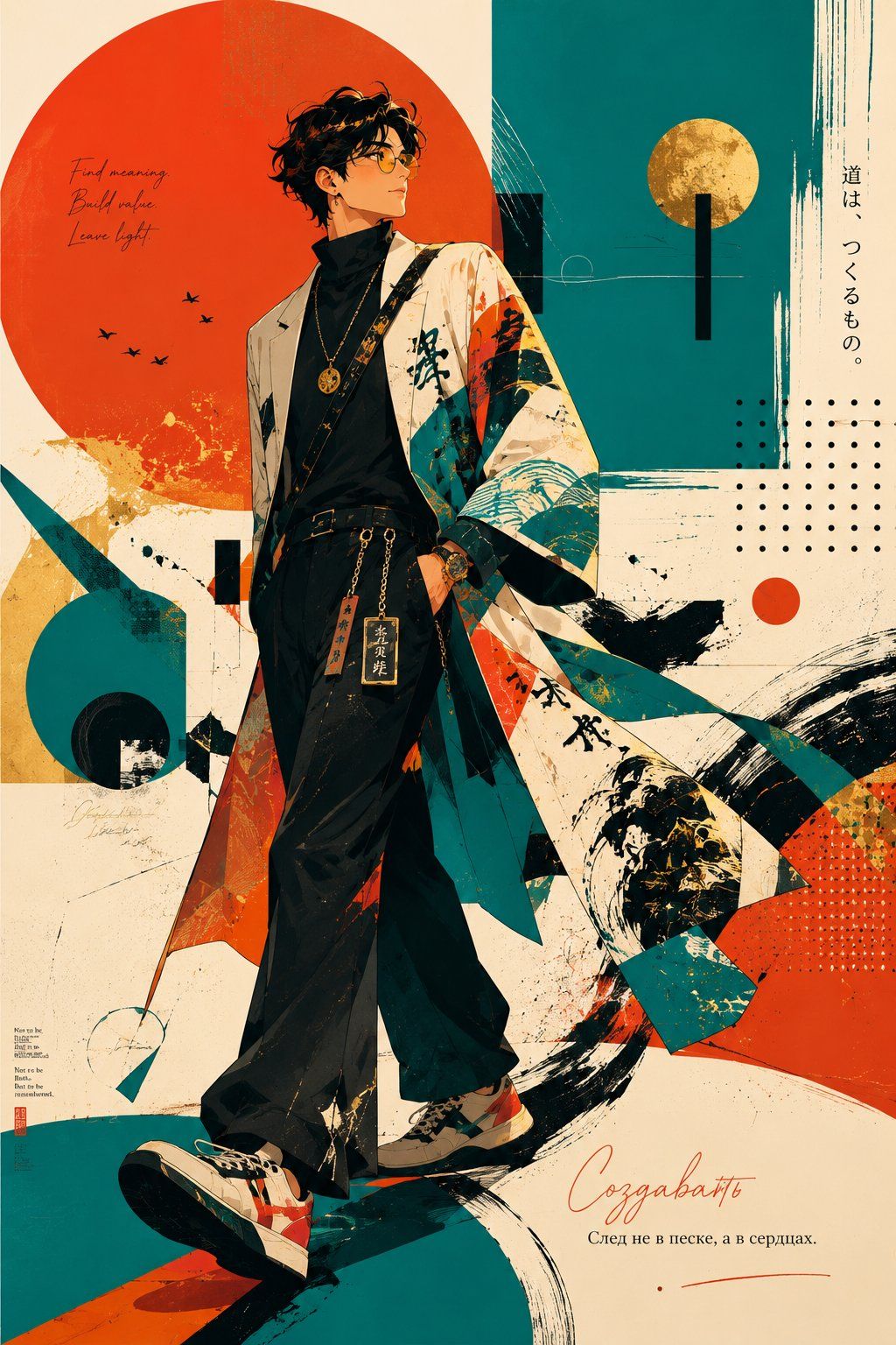 Full-length pop-editorial portrait of a stylish man in a patterned coat against bold teal and orange graphics