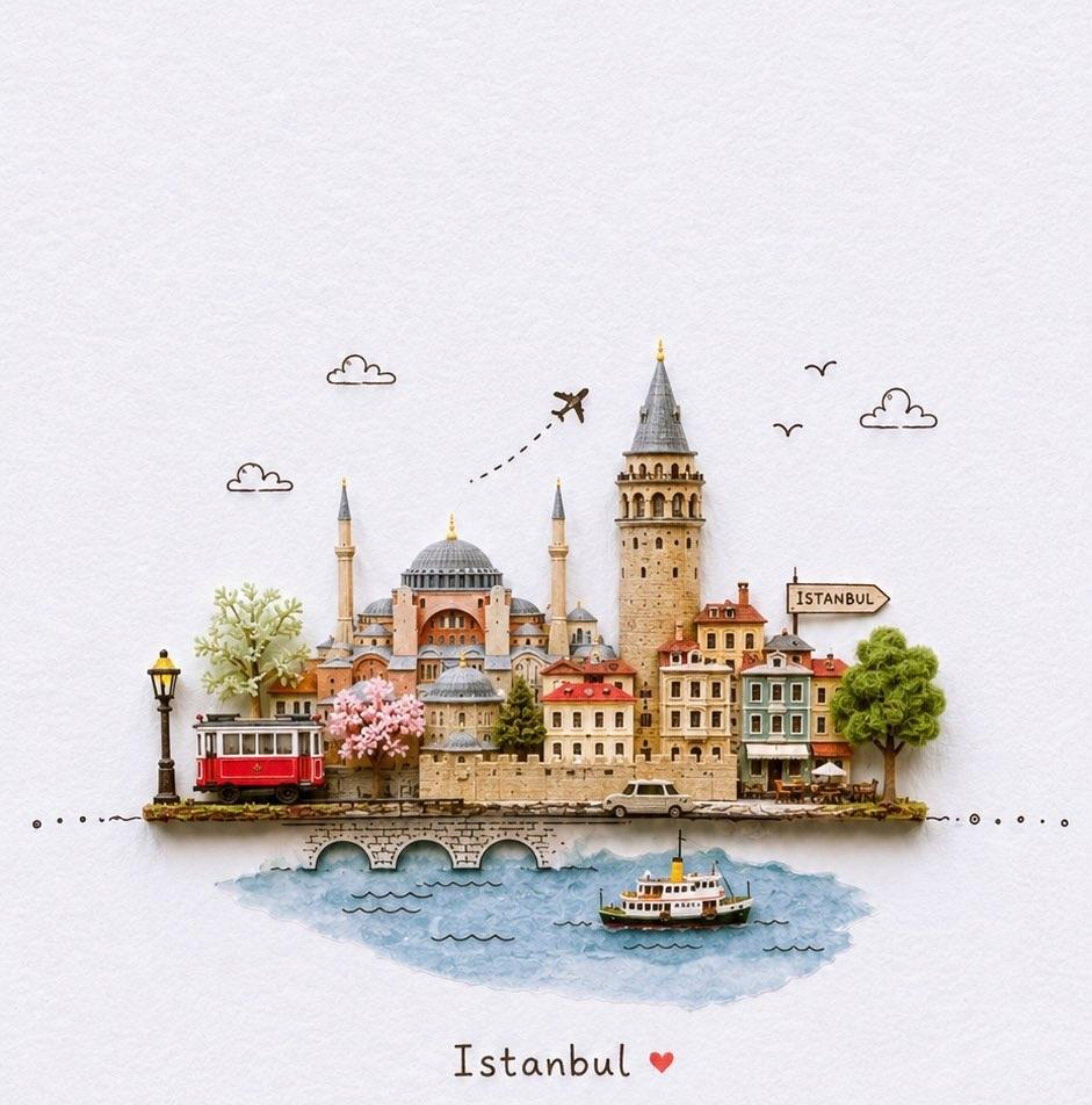 Handcrafted Istanbul city diorama with Hagia Sophia, Galata Tower, colorful houses, a red tram and a ferry
