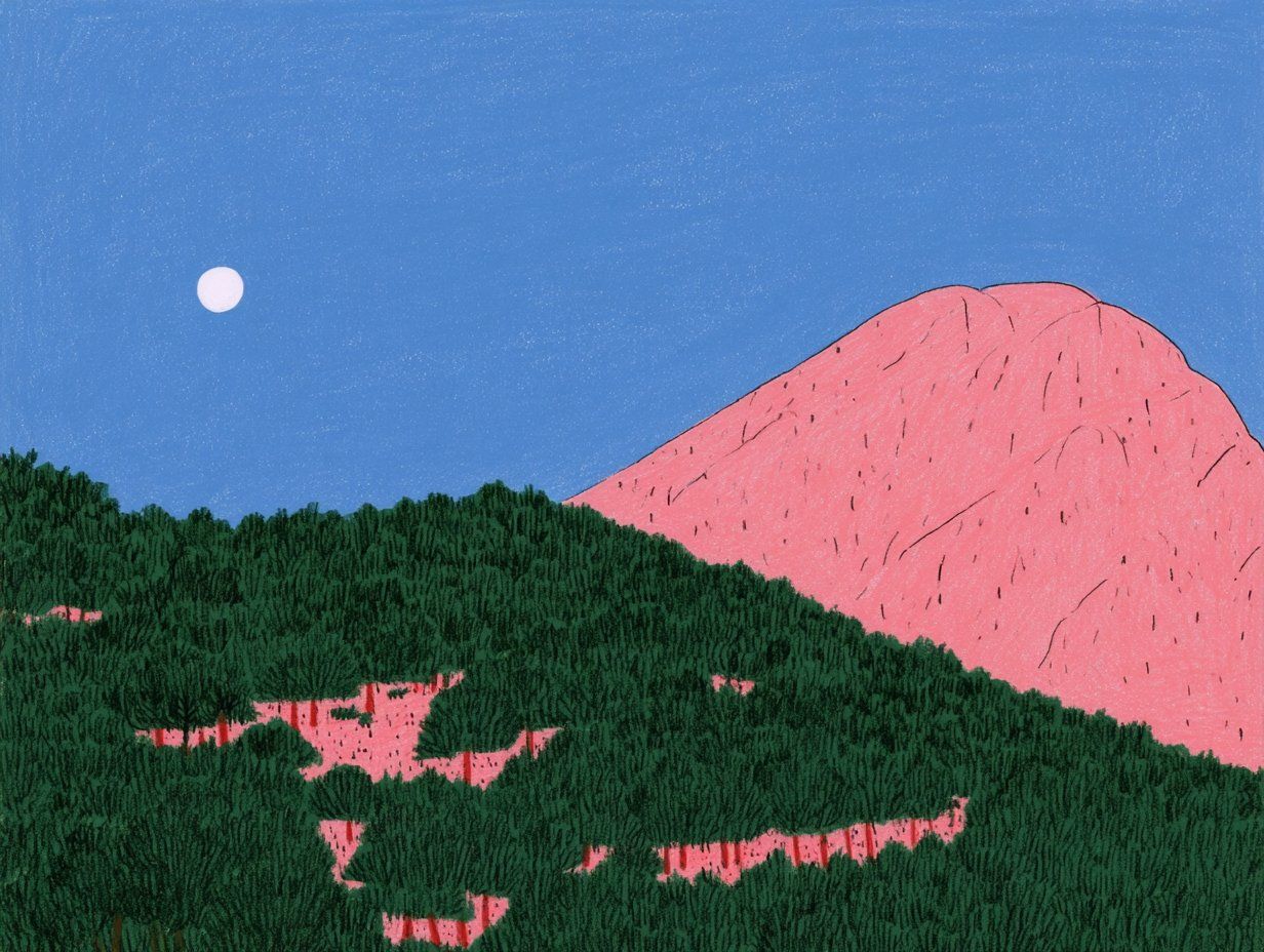 Crayon landscape with a pink mountain, dark green forest, blue sky, and pale moon