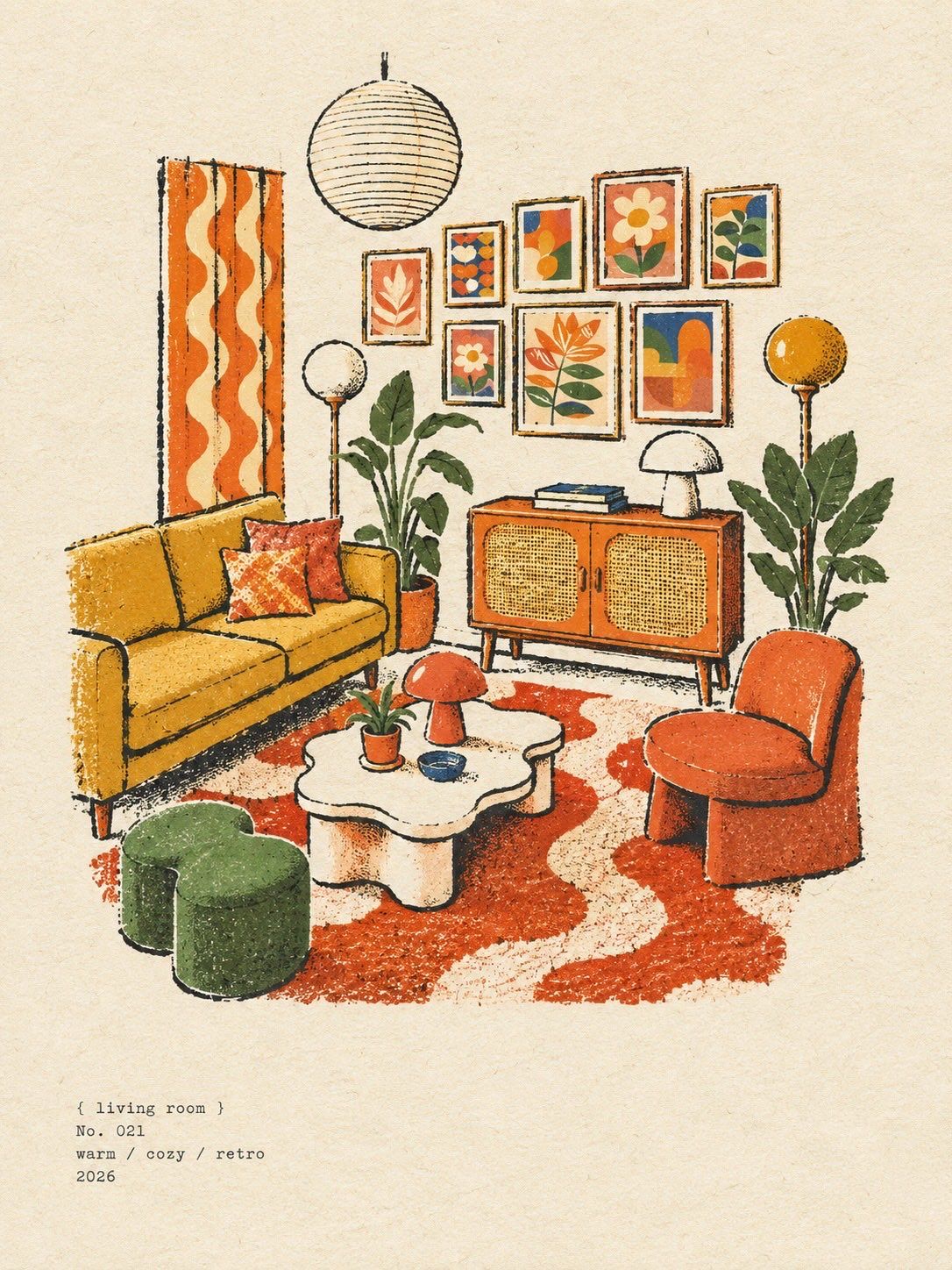 Warm retro living room illustration with a mustard sofa, orange chair, botanical gallery wall and sculptural coffee table