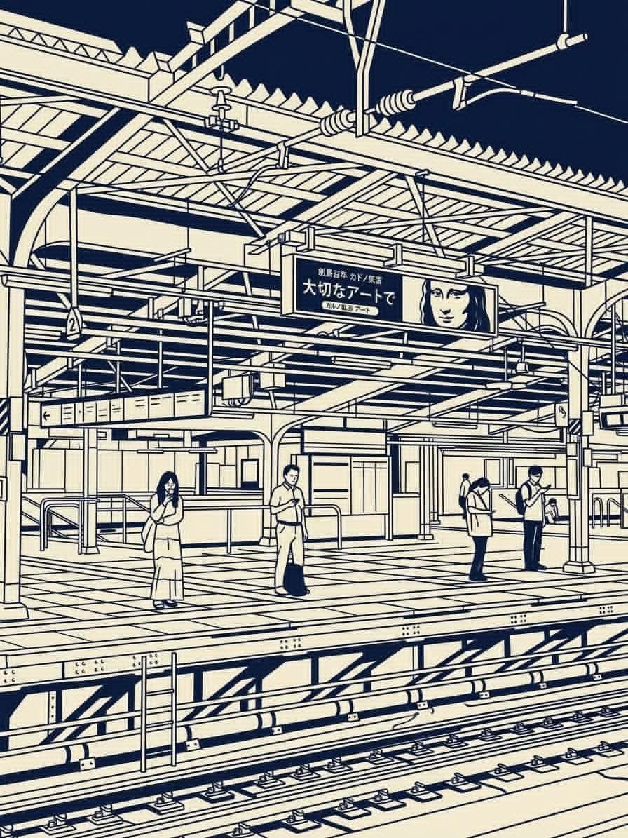 Japanese railway platform with commuters under intricate steel roof beams, rendered in navy and ivory architectural linework