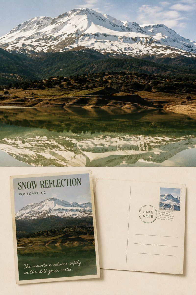 Snow-covered mountain reflected in a green lake above two physical postcards titled Snow Reflection