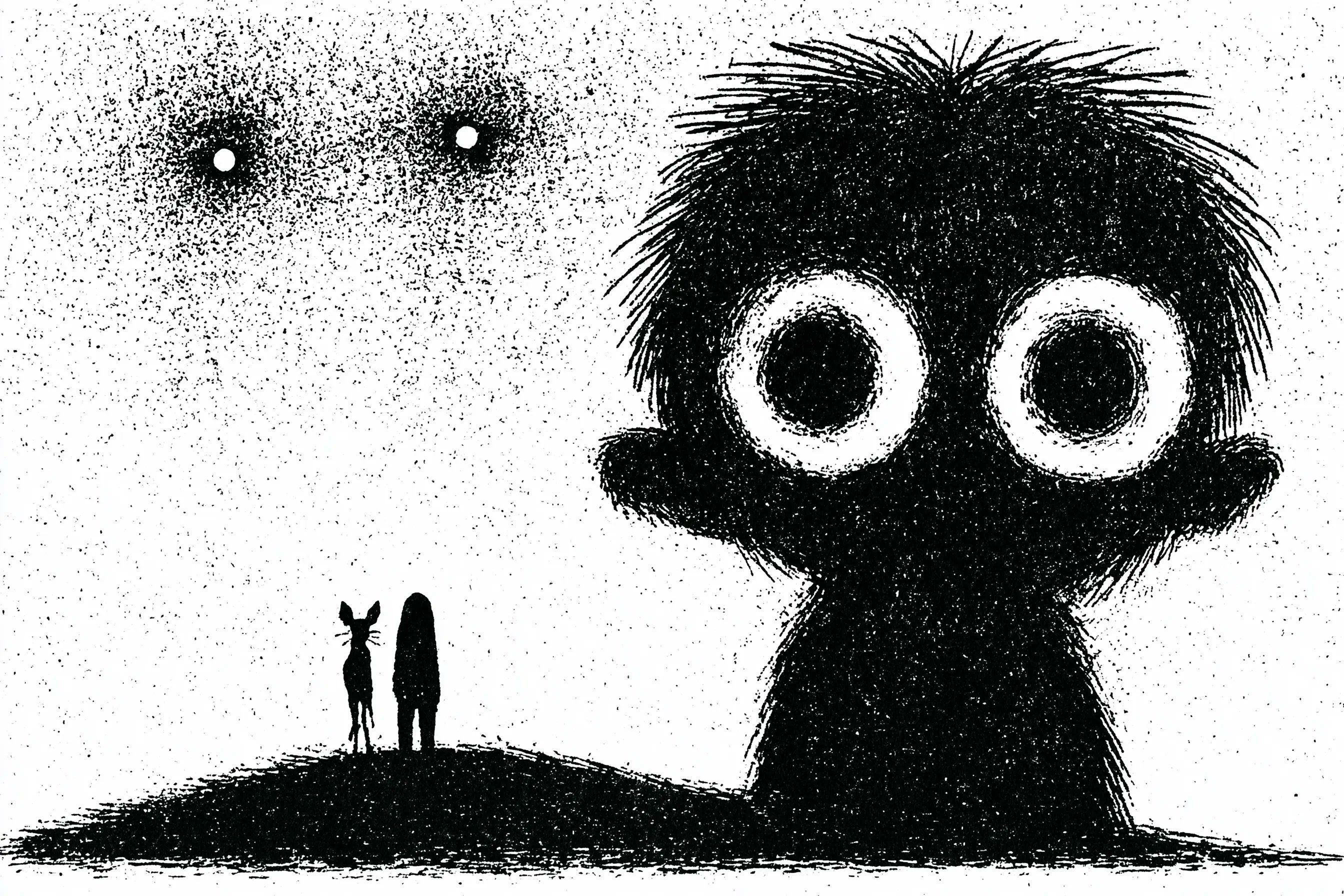 Grainy black ink creature with huge ringed eyes looming over two tiny silhouetted figures