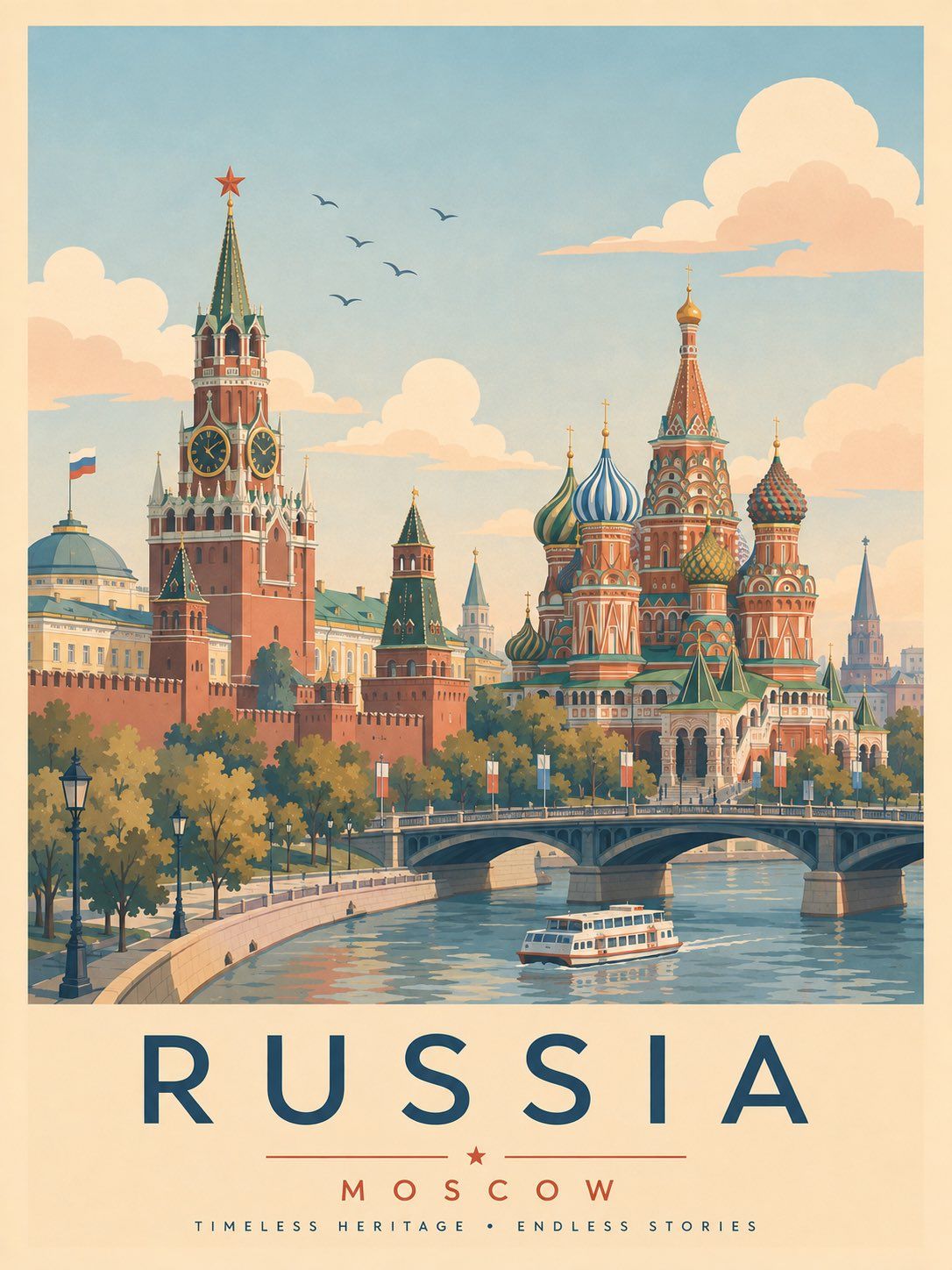 Pastel vintage Russia travel poster with the Kremlin, Saint Basil’s Cathedral, bridge, and riverboat