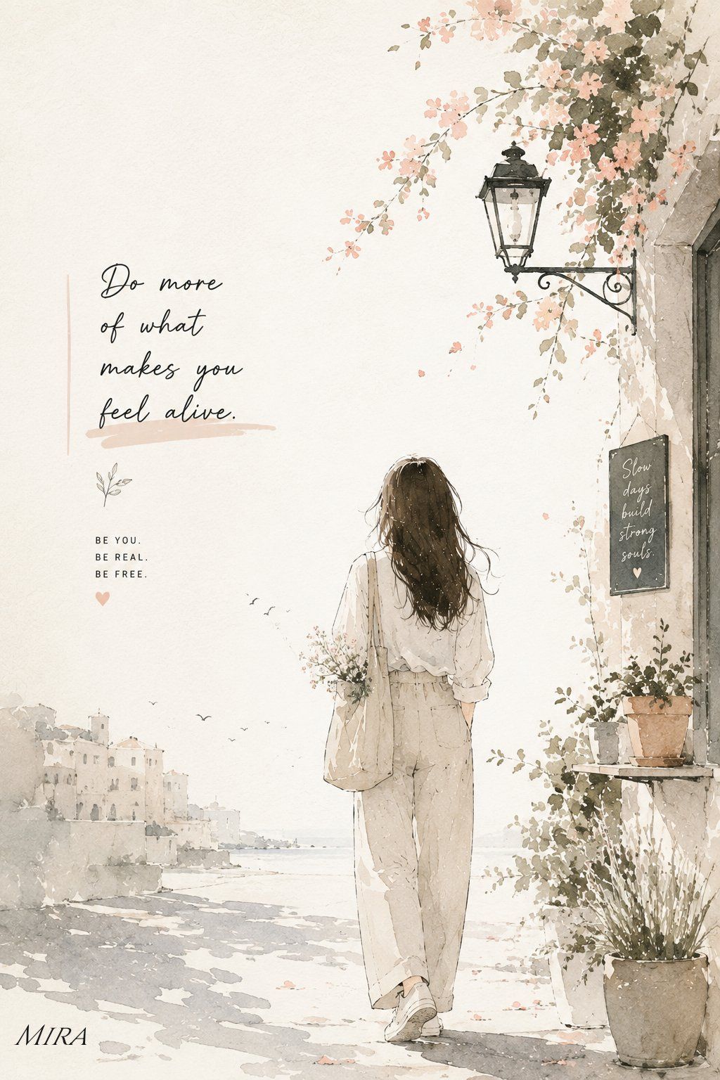 Watercolor-and-ink poster of a woman walking through a sunlit Mediterranean street with flowers, a vintage lamp and handwritten typography