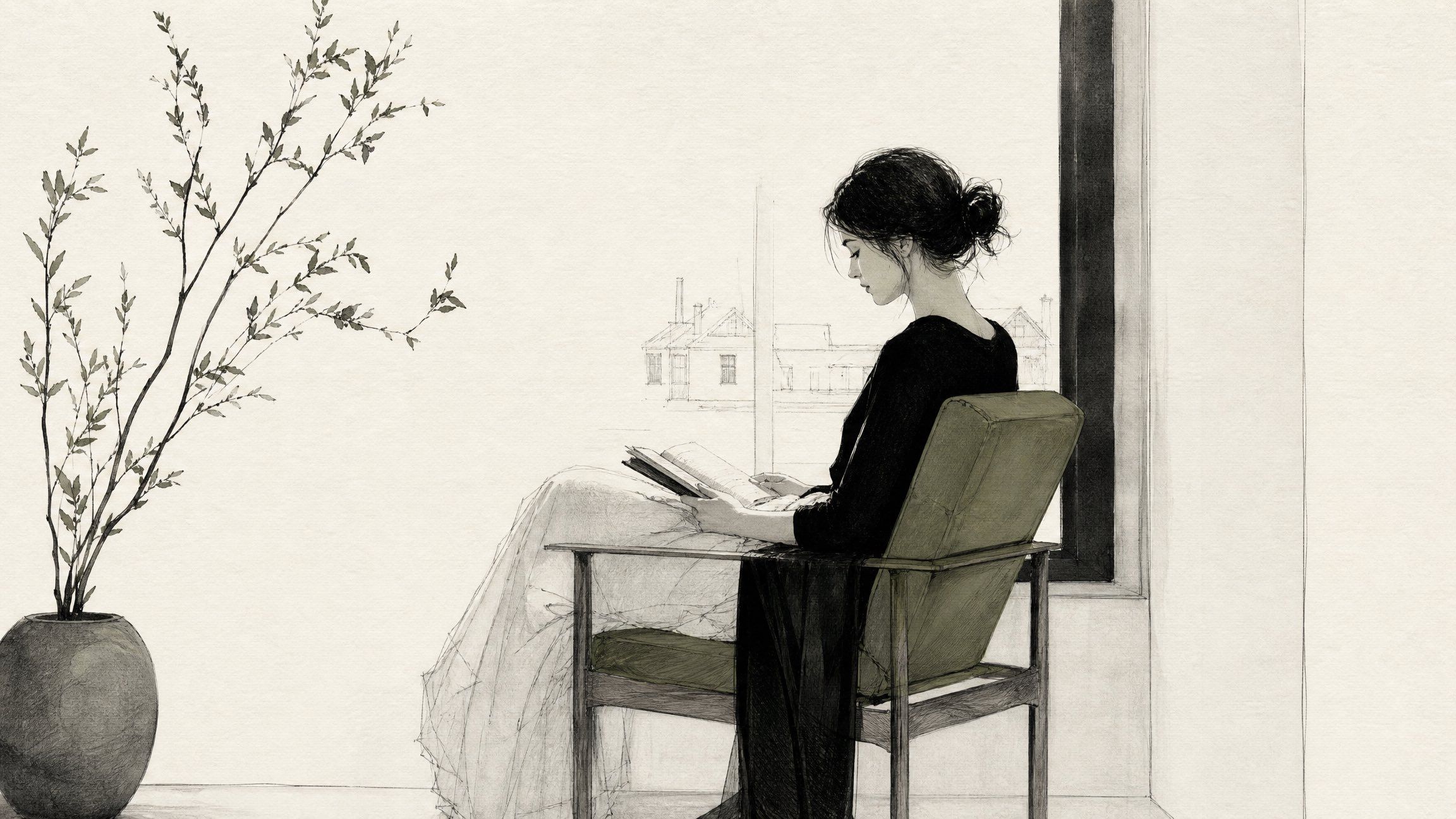 Delicate monochrome profile portrait of a woman reading beside a window and leafy branch
