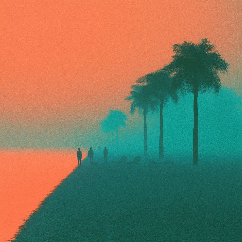 Foggy teal and coral landscape with palm trees and distant figures