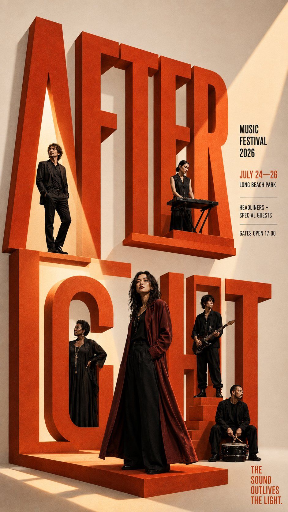 Warm cream music festival poster with performers staged inside monumental red AFTERLIGHT letterforms